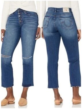True Religion Starr Distressed High Rise Cropped Straight Raw Hem Jeans Size 31